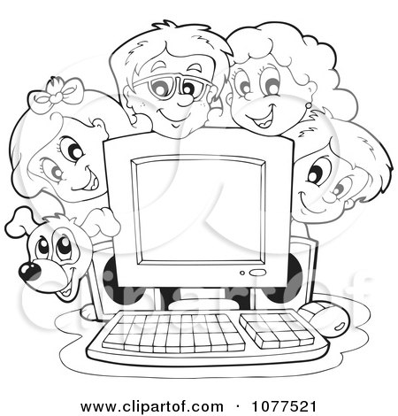 Clipart Outlined Dog And School Children Around A Computer - Royalty Free Vector Illustration by visekart