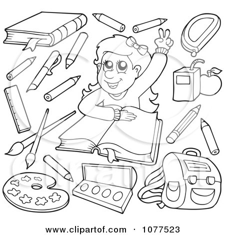 Clipart Outlined School Girl With Items 1 - Royalty Free Vector Illustration by visekart