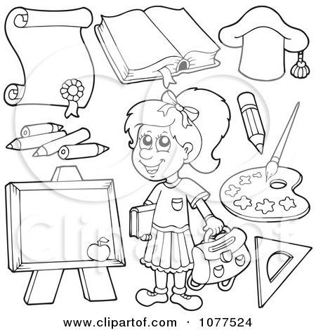 Clipart Outlined School Girl With Items 2 - Royalty Free Vector Illustration by visekart