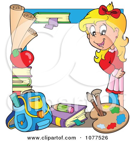 Clipart Happy School Girl And Items Frame - Royalty Free Vector Illustration by visekart