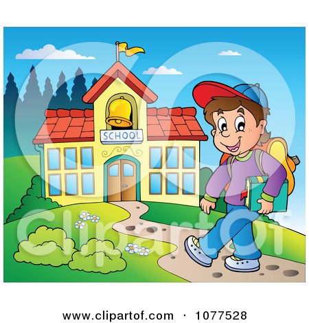 Clipart Happy School Boy Walking On A Path To A Building - Royalty Free Vector Illustration by visekart