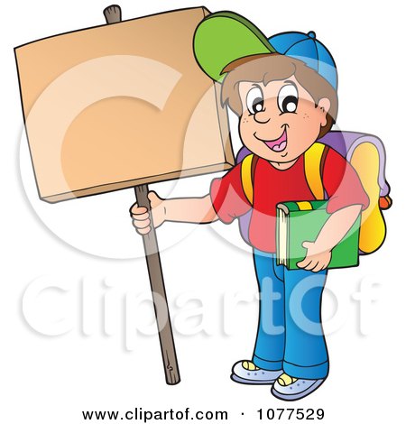 Clipart Happy School Boy Holding Up A Sign - Royalty Free Vector Illustration by visekart