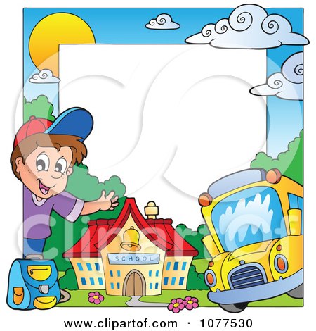 Clipart Happy School Boy Building And Bus Frame - Royalty Free Vector Illustration by visekart