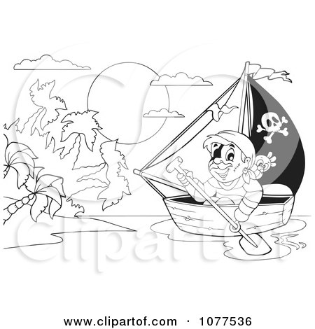 Clipart Outlined Pirate Rowing Towards An Island - Royalty Free Vector Illustration by visekart
