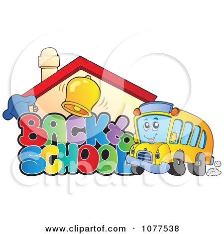 Clipart Back To School Greeting With A Building And Bus - Royalty Free Vector Illustration by visekart
