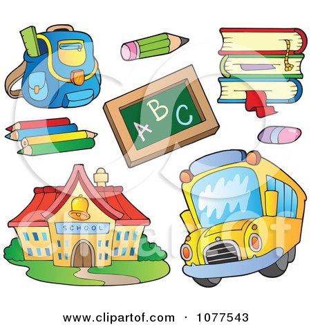 Clipart School House Bus And Supplies - Royalty Free Vector Illustration by visekart