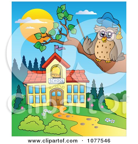 Clipart Professor Owl By A School Building - Royalty Free Vector Illustration by visekart