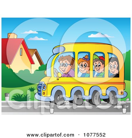 Clipart Happy Students Their Way To School On A Bus - Royalty Free Vector Illustration by visekart