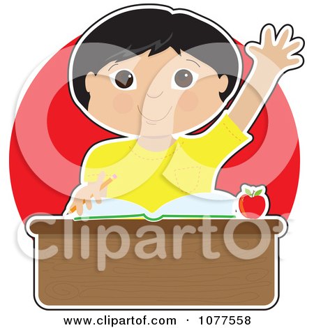 Clipart Smart Asian School Boy Raising His Hand At His Desk - Royalty Free Vector Illustration by Maria Bell
