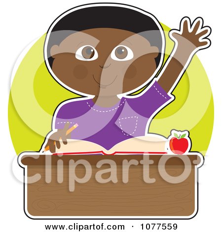 Clipart Smart Black School Boy Raising His Hand At His Desk - Royalty Free Vector Illustration by Maria Bell