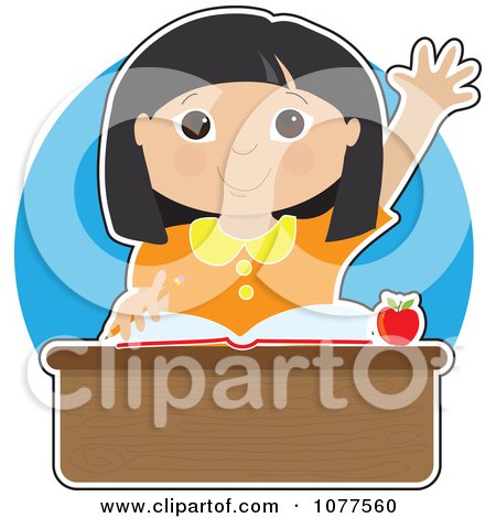 Clipart Smart Asian School Girl Raising Her Hand At Her Desk - Royalty Free Vector Illustration by Maria Bell