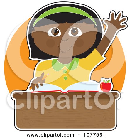 Clipart Smart Black School Girl Raising Her Hand At Her Desk - Royalty Free Vector Illustration by Maria Bell