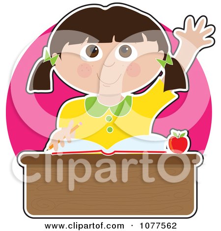 Clipart Smart Caucasian School Girl Raising Her Hand At Her Desk - Royalty Free Vector Illustration by Maria Bell