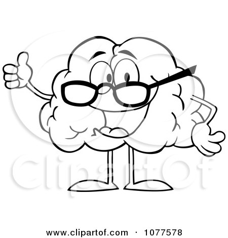 Clipart Outlined Brain Character Wearing Glasses And Holding A Thumb Up - Royalty Free Vector Illustration by Hit Toon
