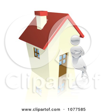 Clipart 3d Silver Man Leaning Against A House - Royalty Free Vector Illustration by AtStockIllustration