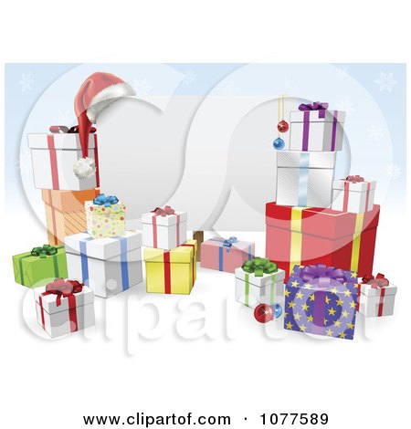 Clipart 3d Christmas Sign With Gift Boxes Over Blue Snowflakes - Royalty Free Vector Illustration by AtStockIllustration