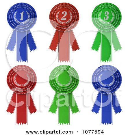 Clipart 3d Blue Red And Green Rosette Award Ribbons - Royalty Free CGI Illustration by stockillustrations