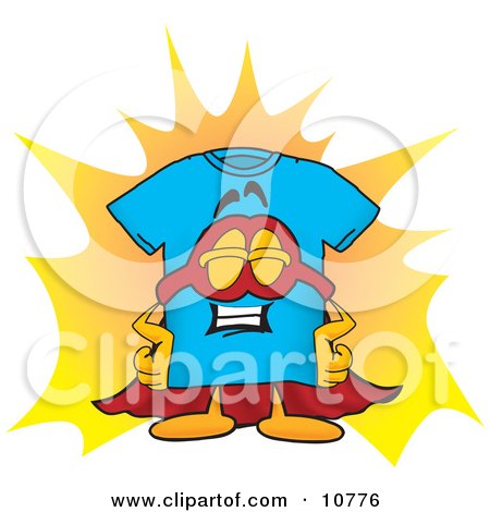 Clipart Picture of a Blue Short Sleeved T-Shirt Mascot Cartoon Character Dressed as a Super Hero by Mascot Junction