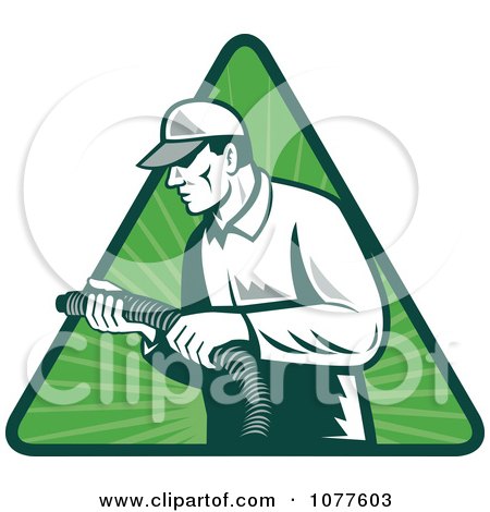 Clipart Green Tradesman Holding An Insulation Hose Over A Triangle - Royalty Free Vector Illustration by patrimonio