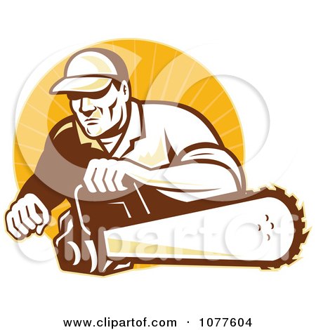 Clipart Man Using A Chainsaw Over An Orange Burst - Royalty Free Vector Illustration by patrimonio