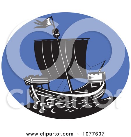 Clipart Galleon Ship And Blue Oval Logo - Royalty Free Vector Illustration by patrimonio