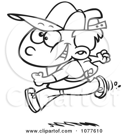 Clipart Outlined Boy Running On His First Day Of School - Royalty Free Vector Illustration by toonaday