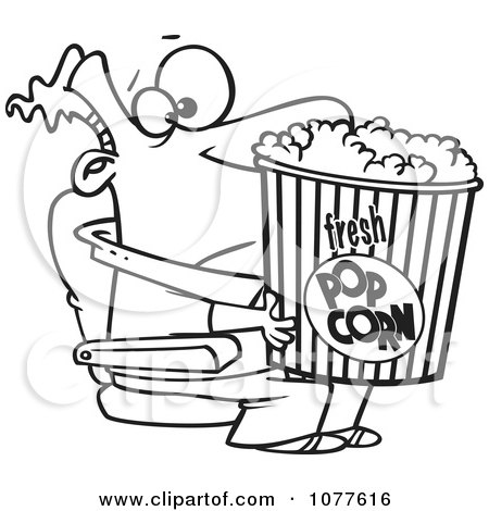 Clipart Outlined Movie Man Holding A Big Bucket Of Popcorn - Royalty Free Vector Illustration by toonaday