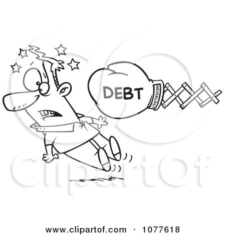 Clipart Outlined Debt Boxing Glove Knocking Out A Man - Royalty Free Vector Illustration by toonaday