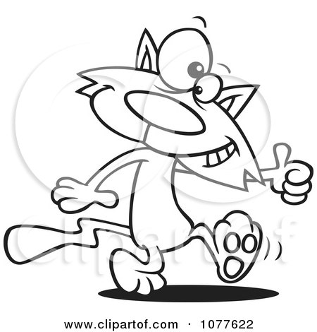 Clipart Outlined Cat Walking Upright And Holding A Thumb Up - Royalty Free Vector Illustration by toonaday