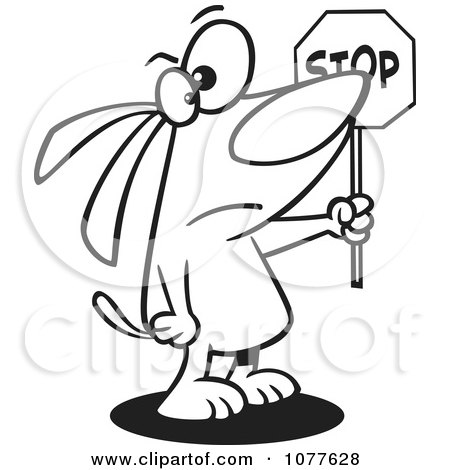Clipart Outlined Stop Dog Holding A Sign - Royalty Free Vector Illustration by toonaday