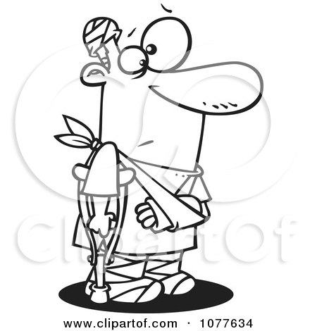 Clipart Outlined Accident Prone Man With Bandages And A Crutch - Royalty Free Vector Illustration by toonaday