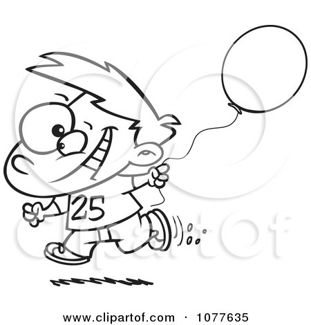 Clipart Outlined Birthday Boy Running With A Party Balloon - Royalty Free Vector Illustration by toonaday