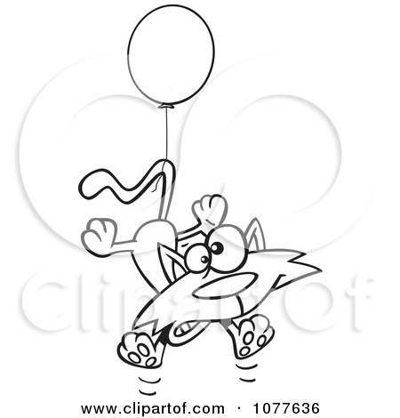 Clipart Outlined Birthday Cat Floating With A Party Balloon - Royalty Free Vector Illustration by toonaday