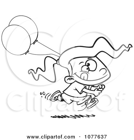 Clipart Outlined Birthday Girl Running With Party Balloons - Royalty Free Vector Illustration by toonaday