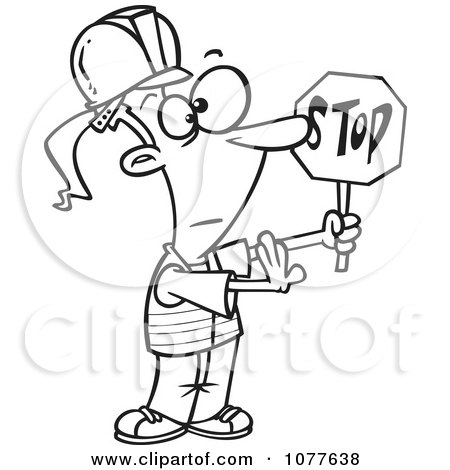 Clipart Outlined Traffic Girl Construction Worker Stopping - Royalty
