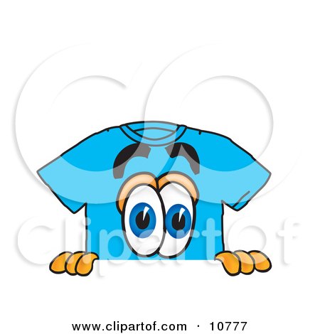 Clipart Picture of a Blue Short Sleeved T-Shirt Mascot Cartoon Character Peeking Over a Surface by Mascot Junction