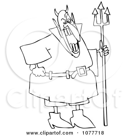 Clipart Outlined Devil Laughing And Holding A Pitchfork - Royalty Free Vector Illustration by djart