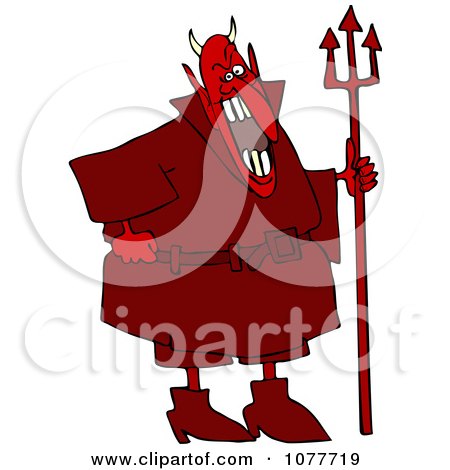 Clipart Red Devil Laughing And Holding A Pitchfork - Royalty Free Vector Illustration by djart