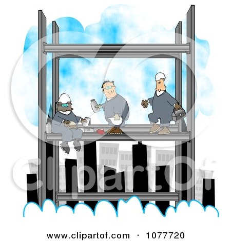 Clipart Three Skyscraper Iron Workers Eating Lunch Above The Clouds - Royalty Free Illustration by djart