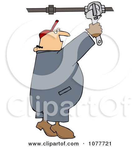 Clipart of a Black and White Worker Man Plumber Turning a Valve