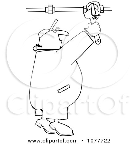 Clipart Outlined Plumber Turning On A Pipe Valve - Royalty Free Vector Illustration by djart