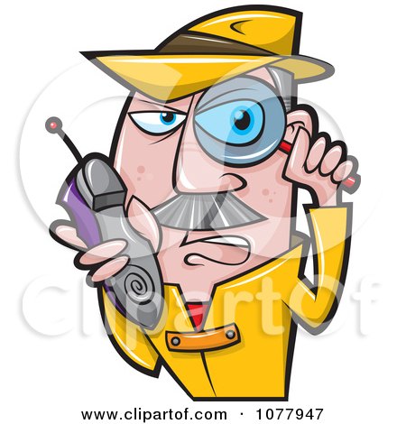 Clipart Spy Holding A Magnifying Glass And Shoe Phone - Royalty Free Vector Illustration by jtoons