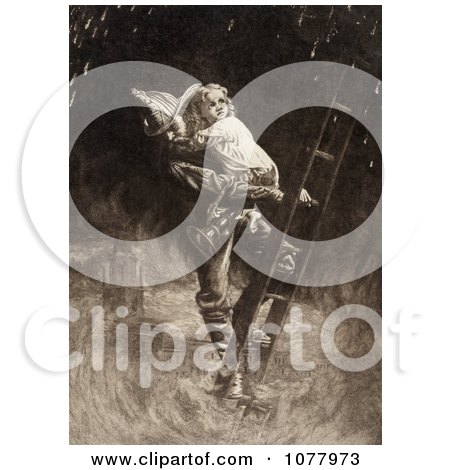 Fireman Rescuing A Little Girl, Carrying Her On His Shoulder While Climbing Down A Ladder During A Building Fire - Royalty Free Historical Clip Art  by JVPD