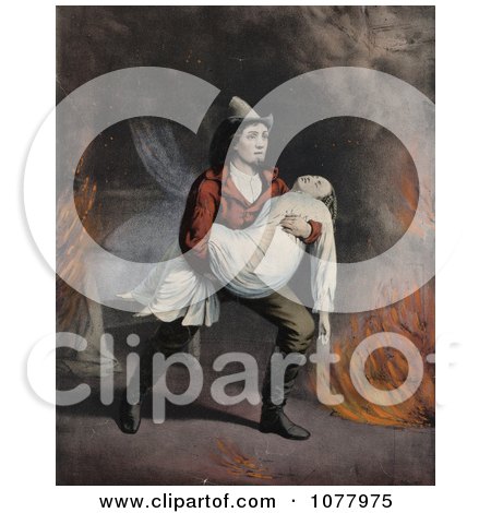 Brave Fireman Carrying a Girl in His Arms While Rescuing Her From a Fire Posters, Art Prints