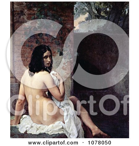Beautiful Nude Young Female Bather Draped in a Cloth, Looking Back Over Her Shoulder - Royalty Free Historical Clip Art by JVPD