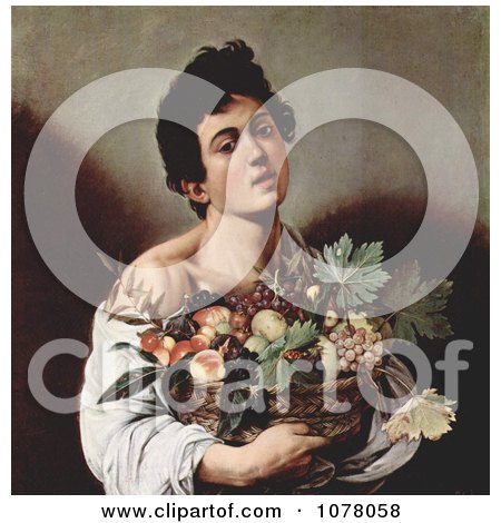 Young Man Holding a Basket of Fruit - Royalty Free Historical Clip Art by JVPD