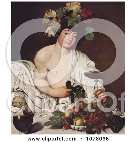 Young Man Wearing Grapes and Leaves on His Head, Holding a Glass of Red Wine, Seated by Fruit - Royalty Free Historical Clip Art by JVPD
