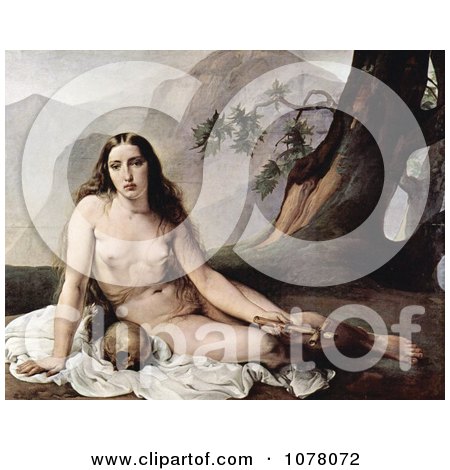 Sorrowful Mary Magdalene Seated Nude With a Human Skull and Cross - Royalty Free Historical Clip Art by JVPD