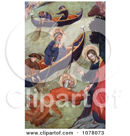 Jesus Christ Holding Onto Apostle Peter While Walking on Water Near Boats - Royalty Free Historical Clip Art by JVPD