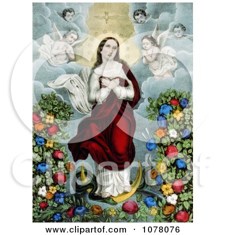 Virgin Mary With Angels, Snake and Flowers, Immaculate Conception - Royalty Free Historical Clip Art by JVPD